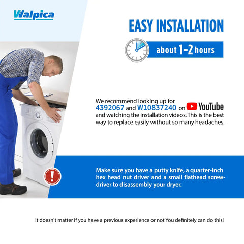 Person installing Dryer Repair Kit With Belt And Idler Pulley 4392067 W10837240 Drum Roller Bearing Parts on white dryer