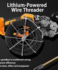 Pro Grade Cordless Electric Wire Puller With Slick Stepless Speed Dial And Bendable Guide Rod next to a coil of wire and gearing mechanism.