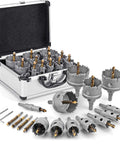 Carbide hole saw kit for metal, 16-piece set in metal carrying case, gray cutters with gold tips, sizes 5/8 in to 2-1/4 in