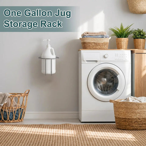 Heavy Duty Iron Wall Mounted Gallon Jug Holder 2-Pack in laundry room next to washing machine, holding a white gallon bottle.