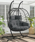 Double Egg Chair With Stand For Indoor And Outdoor Use, 2 Person Hanging Rattan Wicker Swing, Comfy Loveseat, Dark Gray