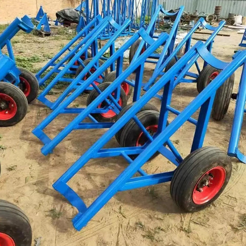 Tough As Nails Heavy Duty Pole Hauler Cart For Concrete Utility Lines And Long Material Transport With Swivel Casters And Bulletproof Steel Chassis Assembly in blue with red wheels.