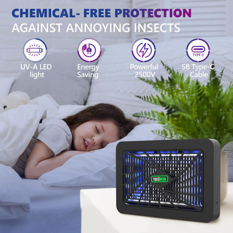 A Powerful Indoor Bug Zapper With UV A LED That Kills Mosquitoes And Flies For Homes Offices And Patios on a bedside table.