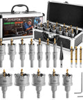 Carbide Hole Saw Kit For Metal 17 Piece Set 9/16 To 2 1/8 Inches With Tungsten Carbide HSS Step Drill Bit Pro Grade Heavy Duty Cutter