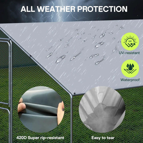Spacious Outdoor Metal Chicken Coop Run With Waterproof UV Cover Double Lockable Doors showing waterproof roof detail