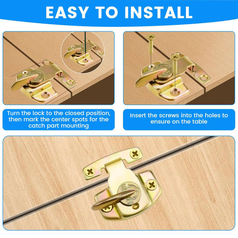 Installation guide for Heavy Duty Spring Table Locks For Extension Dining Tables Built Tough, showing components and steps.