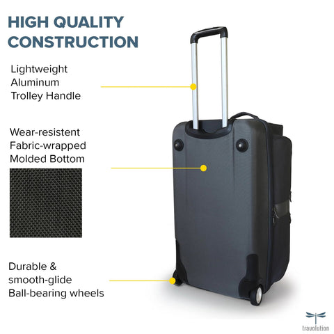 Dance competition travel bag featuring aluminum handle, wear-resistant fabric, and ball-bearing wheels for easy transport and durability.