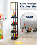 72 Inch Floor Lamp With Dope Shelves And Drawers For Living Rooms And Bedrooms Tall Sturdy Standing Lamp With Built In Storage Three Drawers And Durable Shelves That Each Hold Up To Forty Pounds shown next to kids toys in living room