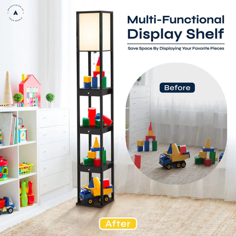 72 Inch Floor Lamp With Dope Shelves And Drawers For Living Rooms And Bedrooms Tall Sturdy Standing Lamp With Built In Storage Three Drawers And Durable Shelves That Each Hold Up To Forty Pounds shown next to kids toys in living room