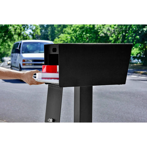 Street Safe Locking Mailbox With Rear Access Door For Safe Mail And Parcels, shown in use on a curbside with mail retrieval