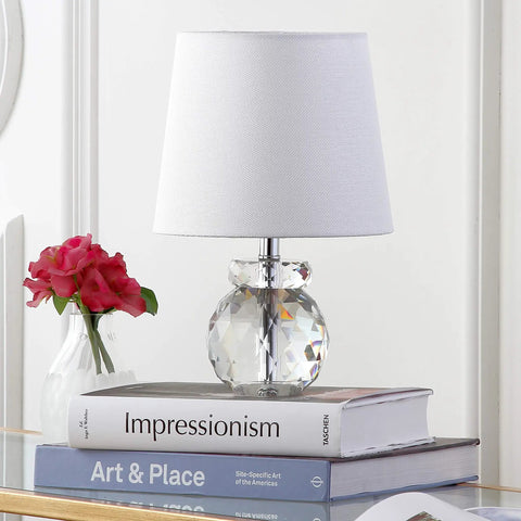 Eunice 13-Inch Crystal Table Lamp With Clear And Off-White Finish, Slick Contemporary Mini-Profile Accent Light For Living Room Or Bedroom, LED Bulb Included