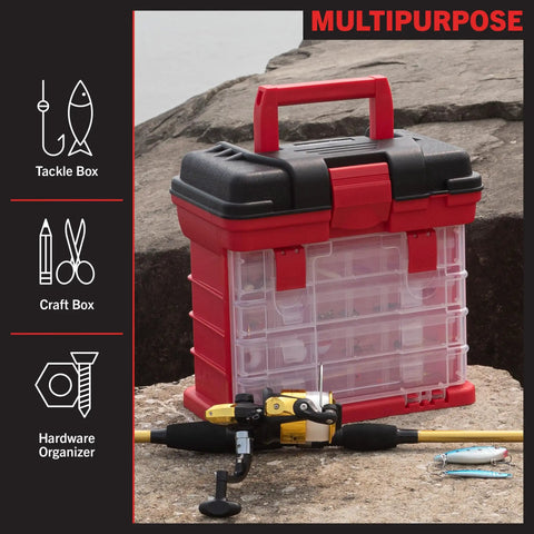 Grab And Go Portable Tool Box With Four Removable Drawers And Customizable Compartments Perfect For Hardware, Fishing Tackle, Beads, Or Crafts on rock