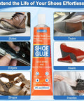Image showing All In One Shoe Repair Glue Kit Heavy Duty 180 ml Waterproof Clear Adhesive for fixing soles, heels, and straps.