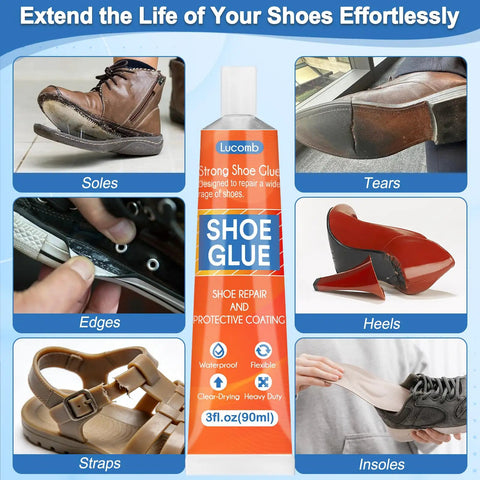 Image showing All In One Shoe Repair Glue Kit Heavy Duty 180 ml Waterproof Clear Adhesive for fixing soles, heels, and straps.