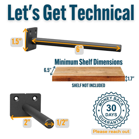 Diagram of 6 Inch Floating Shelf Bracket Set with Hidden Supports and installation dimensions for home and office decor.