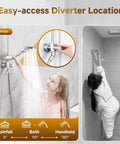 Child using Rainfall Shower Head System with 9 Inch Rain Head and handheld; easy-access diverter and height adjustable holder shown.