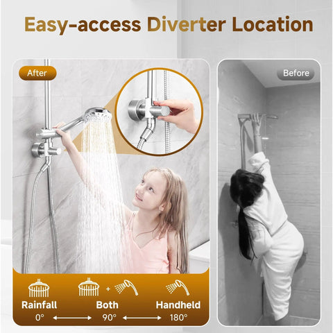 Child using Rainfall Shower Head System with 9 Inch Rain Head and handheld; easy-access diverter and height adjustable holder shown.