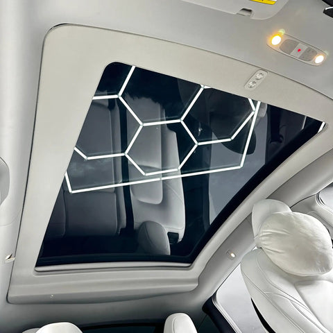 Compatible With 2020 To 2025 Model Y Electric Retractable Sunroof Sunshade Premium 5 Layer Heat Blocking Material installed view from inside vehicle.