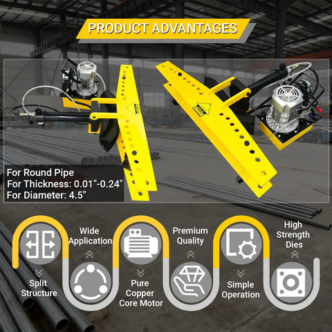 Heavy Duty Electrohydraulic Pipe Bender Machine For Steel Copper Round Tubes With Roller Hydraulic Design Bends 0.9 To 4.5 Inch Diameter Pipes Includes 10 Dies For 110V Power smooth yellow structure with motor for round pipes
