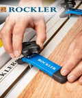 Close-up of Table Saw Taper And Straight Line Jig for Quick Tapered Cuts, includes 36 inch miter bar, in use on saw