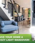 Modern living room with 24 Pack A19 LED Light Bulbs 9W Non Dimmable, 60W Equivalent, 4000K Cool White, lamp on display