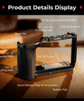 Pro Grade Camera Cage For Canon PowerShot V1 With Ergonomic Silicone Grip And Arca Swiss Quick Release Plate labeled parts display