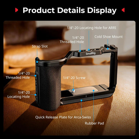 Pro Grade Camera Cage For Canon PowerShot V1 With Ergonomic Silicone Grip And Arca Swiss Quick Release Plate labeled parts display