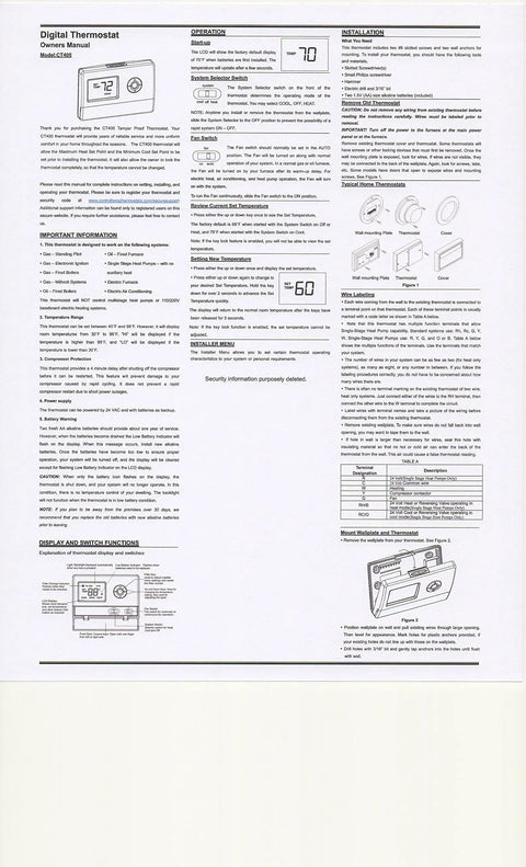 Installation manual for Tamper Proof Thermostat For Landlords And Pros With Adjustable Heat And Cool Set Points