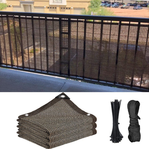 Fence Privacy Screen for Balcony and Patio Shade Cloth 3 Feet 3 Inches by 9 Feet 9 Inches installed on railing with accessories