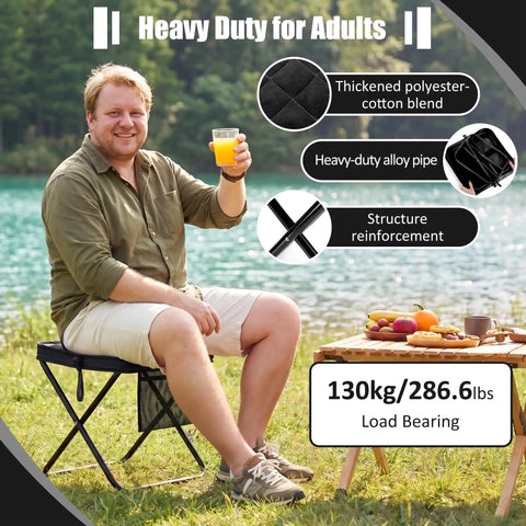 Man sitting on Go-To 2-In-1 Foldable Backpack Stool Heavy Duty Portable Seat For Fishing Hiking Picnics And Outdoor Adventures