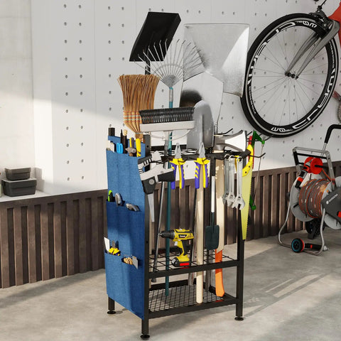 Beefed Up Garden Tool Organizer Rack For Garage And Shed, Metal Yard Tools Storage For Up To 46 Tools Including Shovels, Rakes And Brooms