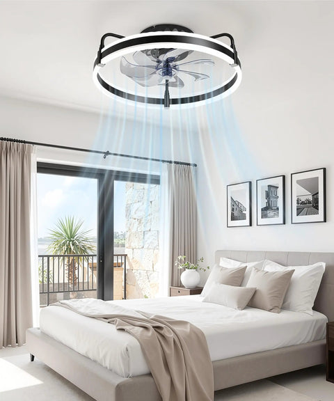 Sleek 20 Inch Low Profile Ceiling Fan With Dimmable Led Lights, Smart App And Remote, Adjustable Color Temp, Super Smooth Airflow in bedroom.