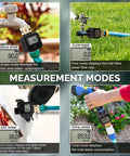 Water Flow Meter With Brass Inlet For Hose And RV Tank Fill Outdoor Garden Watering And Sprinkler Nozzles Tracks Gallons And Liters Shows Precise Flow Rate With Hall Sensor Durable Metal Thread in measurement modes showing single, flow, avg, total readings.