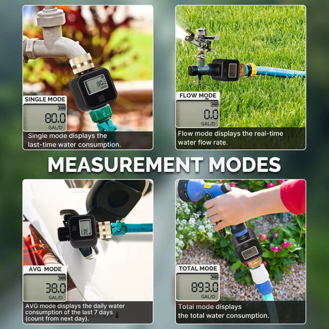 Water Flow Meter With Brass Inlet For Hose And RV Tank Fill Outdoor Garden Watering And Sprinkler Nozzles Tracks Gallons And Liters Shows Precise Flow Rate With Hall Sensor Durable Metal Thread in measurement modes showing single, flow, avg, total readings.