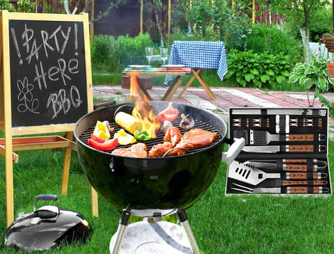 Heavy Duty BBQ Grill Tools Set With Non Slip Stainless Steel Utensils 22 Pieces in an outdoor barbecue setting
