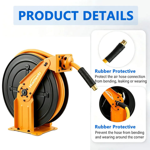 Heavy Duty Retractable Air Hose Reel With A Tough As Nails 50 Ft Epdm Rubber Hose No Sweat Auto Rewind Length Lock Wall Or Ceiling Mount Rig Built For Garage Pros Demanding Reliable 300 Psi Air Flow Every Day with rubber protective features.