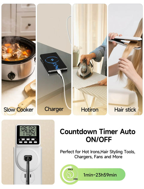 Digital Infinite Repeat Cycle Intermittent Timer Plug for Electrical Outlet With Daily On Off Countdown Delay And Short Cycle Modes 24 Hour Programmable Indoor Power Switch 120V 15A shown controlling appliances like slow cooker and charger.