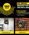 Retractable Extension Cord Reel With Light Indicator 40 Ft Triple Outlet Wall Mounted UL Listed 14 Amp 125V 1750W on brick wall and ceiling