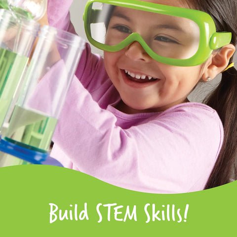 Child in goggles using Hands On Primary Science Lab Activity Set For Kids Real Sized Tools Safe Chemistry Experiments