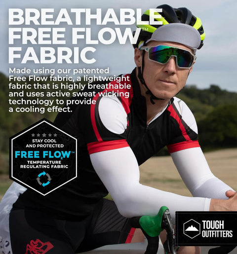 Cyclist wearing UV Arm Sleeves For Men And Women Stay Cool With Sun Protection Compression Cooling Sleeve For Golf Baseball Running And Outdoor Activities Tattoo Cover Lightweight Freeflow Fabric.
