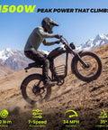 Adult riding Powerful 1500W Fat Tire Electric Bike For Adults With 34 MPH Top Speed, 30 Degree Climb, in mountainous terrain.