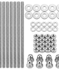 52 Piece Stainless Steel M6 Hardware Kit With 10 Inch Threaded Rods, Hex Lock Nuts, Acorn Cap Nuts, And Flat Washers, Your Go To DIY Furniture Builds For Home Projects And General Hardware Repairs. Stainless steel M6 threaded rods, nuts, and washers laid out