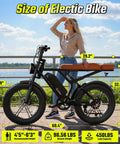 Woman standing beside Beast 1500W Peak Electric Bike For Adults With Fat Tire 20 Inch Wheels 70 Mile Range Removable 48V 15Ah Battery