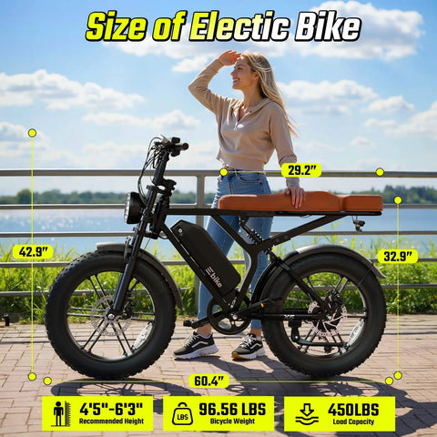 Woman standing beside Beast 1500W Peak Electric Bike For Adults With Fat Tire 20 Inch Wheels 70 Mile Range Removable 48V 15Ah Battery