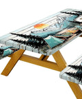Three Piece Picnic Table Cover Set With Bench Covers And Bag Waterproof Windproof Fitted Tablecloth With Elastic Edge For Indoor Outdoor Use Easy Cleanup For Garden And Camp Fits 60 To 96 Inch Tables on wood table and benches with mountain print