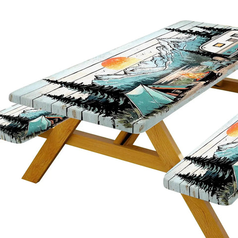 Three Piece Picnic Table Cover Set With Bench Covers And Bag Waterproof Windproof Fitted Tablecloth With Elastic Edge For Indoor Outdoor Use Easy Cleanup For Garden And Camp Fits 60 To 96 Inch Tables on wood table and benches with mountain print