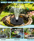 Solar Fountain Pump For Bird Bath And Garden, 3.5W Glass Solar Panel with replaceable nozzles in a bird bath