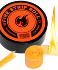 Fire Strip Roll 50-Foot Weatherproof Waxed Fire Starter Tinder Tape, includes tape roll and lit strip, packaging visible