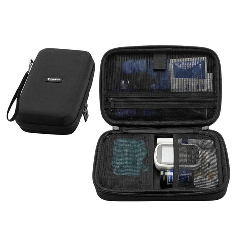 Kickass Shockproof Eva Travel Organizer For Power Banks And Cables Beast Mode Tech Essentials Pouch With Secure Wrist Strap Compact Electronic Gadgets Storage Case Black opened to show organized cables and gadgets inside.