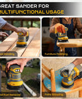 Cordless Palm Sander Tool Only Brushless Motor 5 Inch Random Orbital Sander Compatible With 20v Batteries Packs in use for wood sanding.